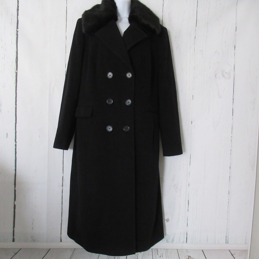 Planet By Lauren G Coat US 16 UK 18 Black Cashmere Wool Blend Faux Fur Collar